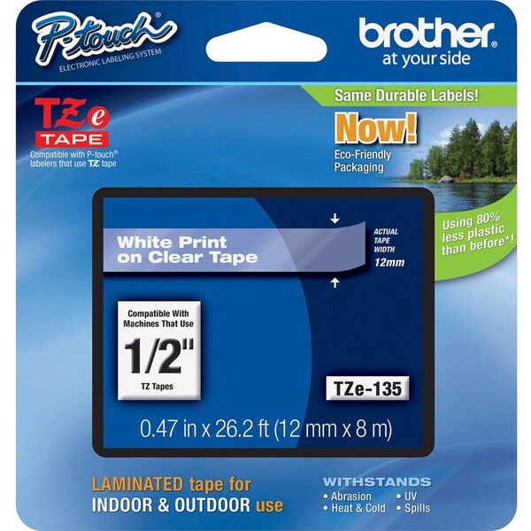 Brother Adhesive TZ Tape (R) Cartridge 0.47"x26-1/5ft., White/Clear TZE135G - main