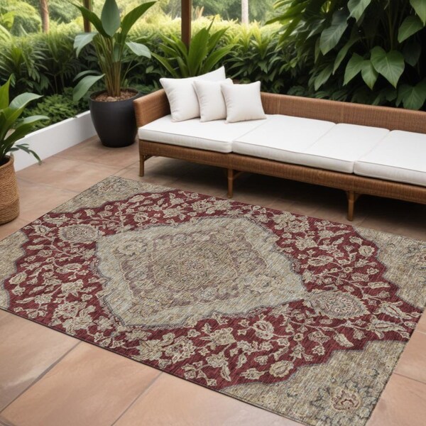Homeroots 9' X 12' Red Beige And Brown Oriental Washable Indoor Outdoor Area Rug 605251 - main
