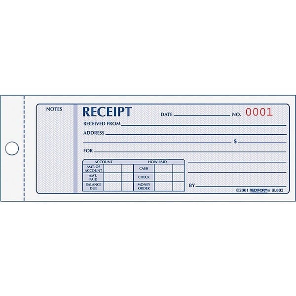 Rediform Money Receipt Book, 3-Part, Carbonless, 2-3/4" x 7", 50 Sets/Book 8L802 - main