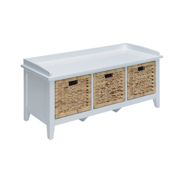 Homeroots 43in White Distressed Solid Wood Storage Bench with Baskets 286647 - main