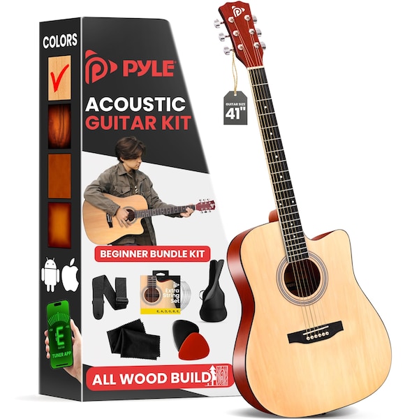 Pyle Steel String Acoustic Guitar Kit, 4/4 Full Size Cutaway All-Wood Guitarra Acustica with Premium PGSTGR007N2 - main