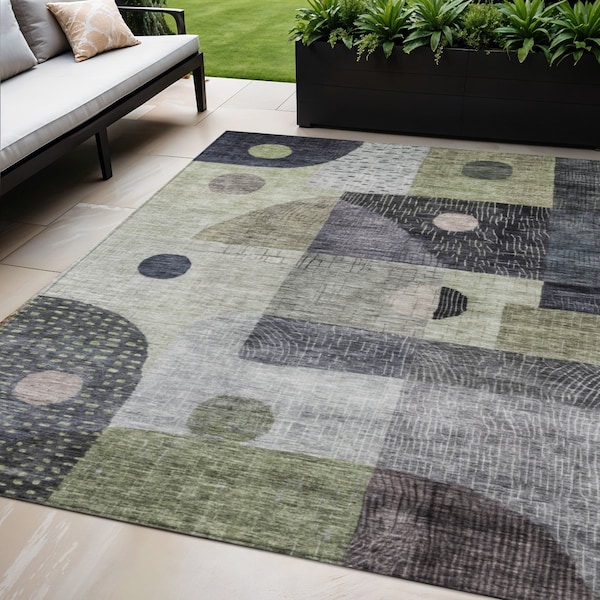 Homeroots 5' X 8' Artichoke Green Gray And Charcoal Geometric Washable Indoor Outdoor Area Rug 604391 - main