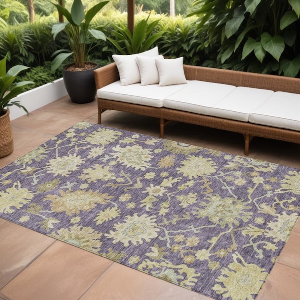 Homeroots 9' X 12' Eggplant Beige And Green Floral Washable Indoor Outdoor Area Rug 605203 - main