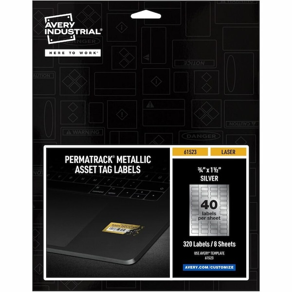 Avery Durable Metallic Asset Tag Labels, PK320, Film, 9.44 in W, 3/4" x 1-1/2" Dia., Silver, Rectangle 61523 - main