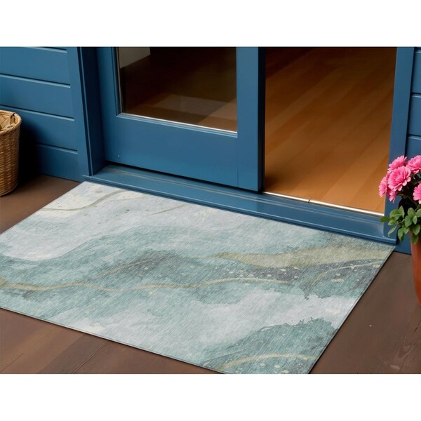 Homeroots 3' X 5' Teal Blue And Aqua Abstract Washable Indoor Outdoor Area Rug 611387 - main