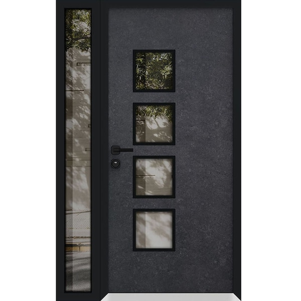 Vdomdoors Aluminum Door Cynex 6106 Dark Stone Entry Steel Metal Modern Painted W36+14xH80 Right Inswing CYNEX6106EXD-DARK-W36+14xH80-RH-I - main