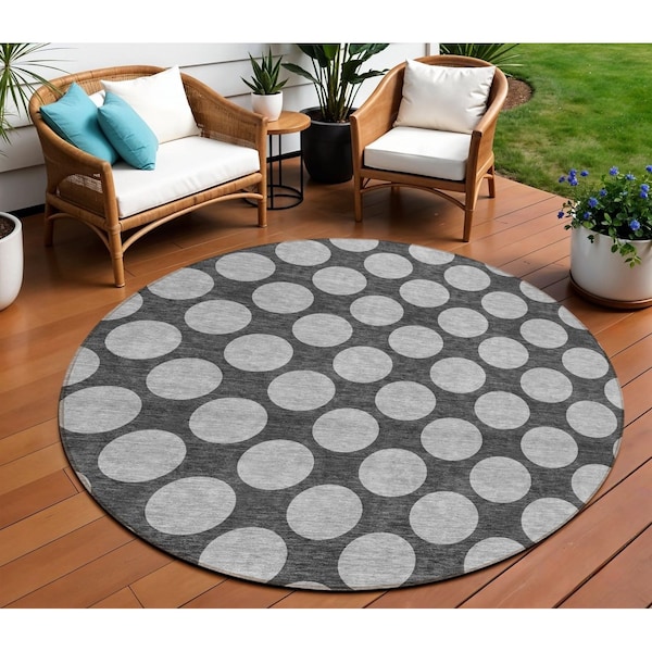 Homeroots 8' Charcoal And Ivory Round Polka Dot Washable Indoor Outdoor Area Rug 614889 - main
