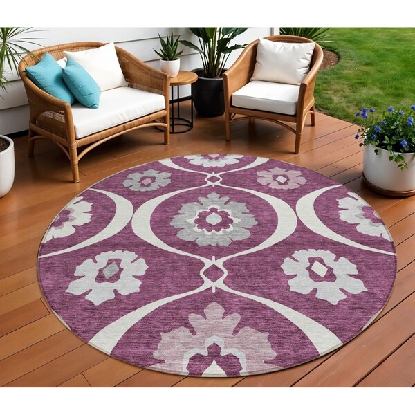 Homeroots 8' Eggplant Ivory And Gray Round Medallion Washable Indoor Outdoor Area Rug 589604 - main