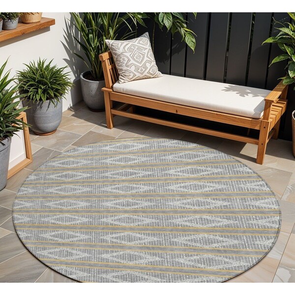Homeroots 8' Gray Ivory And Brown Round Geometric Washable Indoor Outdoor Area Rug 599630 - main