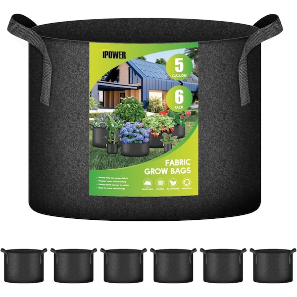 Ipower Plant Grow Bag 5 Gallon Heavy Duty Fabric Pots, 300g Thick Nonwoven, Black 2024 Version, 6PK GLGROWBAG5X6BLK - main