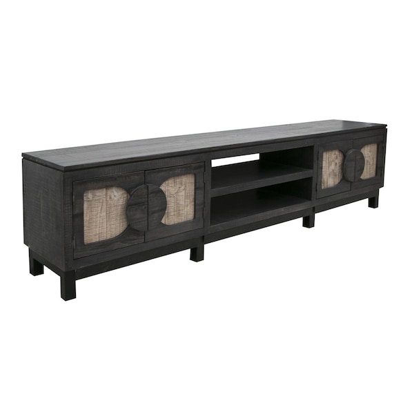 Homeroots 93" Black Solid Wood Cabinet Enclosed Storage Distressed TV Stand 528753 - main