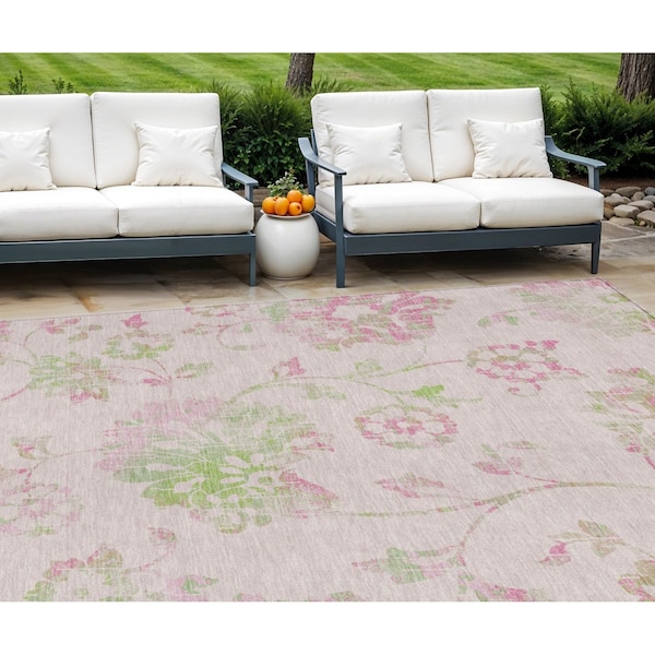Homeroots 9' X 12' Pink Blush And Artichoke Green Floral Washable Indoor Outdoor Area Rug 589492 - main