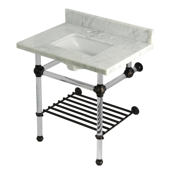 Kingston Brass 30-Inch Carrara Marble Console Sink with Acrylic Legs and Shelf, 8-Inch, 3-Hole KVPB3030MASQB5 - main