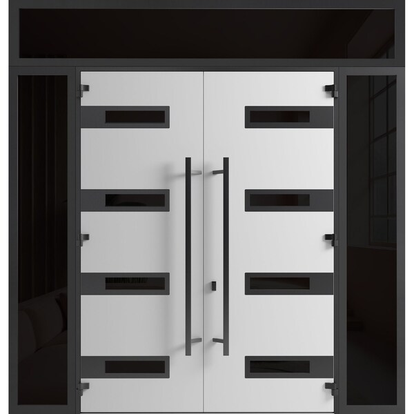 Vdomdoors Front Exterior Prehung Aluminum Double Doors Ronex0131 Grey 2 Sidelights and Top Transom Mirrored RONEX0131DEXD-GRE-W14+72+14xH96+16-RH-O - main