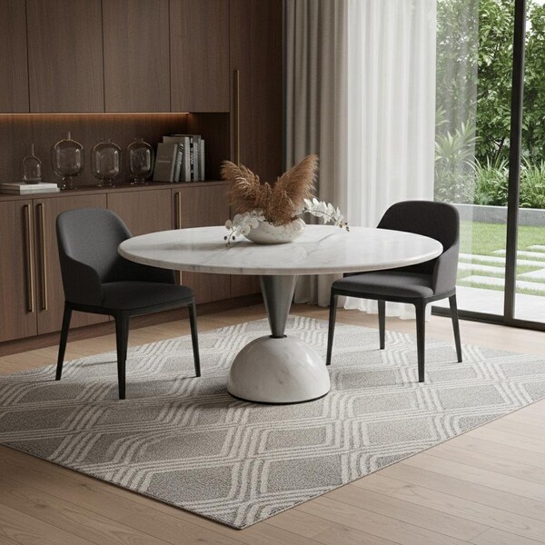 Homeroots 60" White and Black Marble and Stainless Steel Pedestal Base Round Top Dining Table 718897 - main