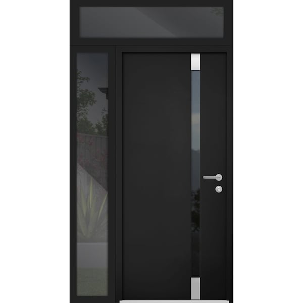 Vdomdoors Steel Door Cynex 6777 Black Sidelight and Transom Window Stainless Inserts Single Modern Painted-W3 CYNEX6777EXD-BLK-W36+16 x H80+16-Left-hand Inswing - main