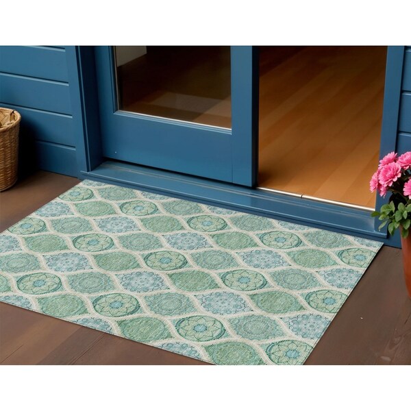 Homeroots 3' X 5' Sage Ivory And Teal Blue Floral Medallion Washable Indoor Outdoor Area Rug 614629 - main