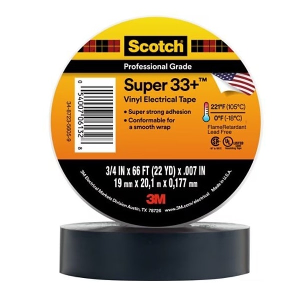 3M Scotch Super 33+ Vinyl Electri Tape, 3/4 In X 66 Ft, Black, 20PK 33+-3/4X66FT-1-20 - main