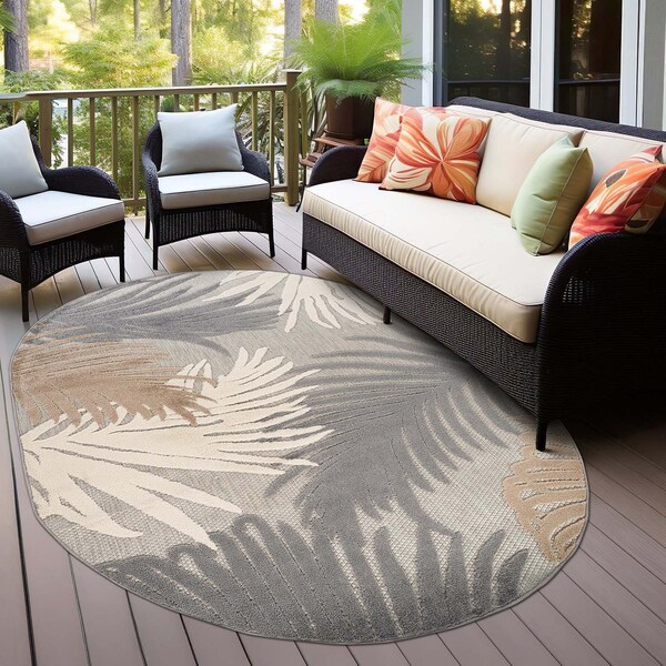 World Rug Gallery Amalfi Contemporary Tropical Floral Indoor/Outdoor Area Rug 5 ft x 7 ft Oval Gray 8013GRAY5OV - main