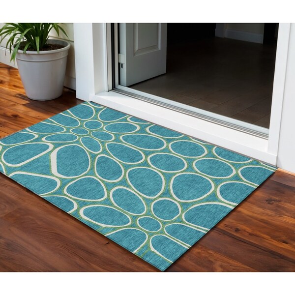 Homeroots 3' X 5' Teal Blue Ivory And Green Abstract Washable Indoor Outdoor Area Rug 600570 - main