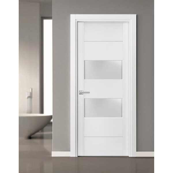 Sartodoors Solid French Door 2 lites, Lucia 4010 White Silk with Frosted Glass, Single Regular Panel Frame Tri LUCIA4010ID-WS-18 - main