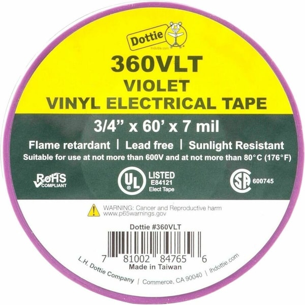 Dottie L.H. Dottie 3/4'' x 60' Violet Electrical Tape, 10PK 360VLT - main