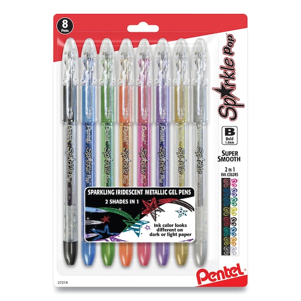 Pentel Sparkle Pop Metallic Gel Pen, Stick, Bold 1 mm, Assorted Ink Colors, Clear Barrel, 8PK K91BPS8M - main