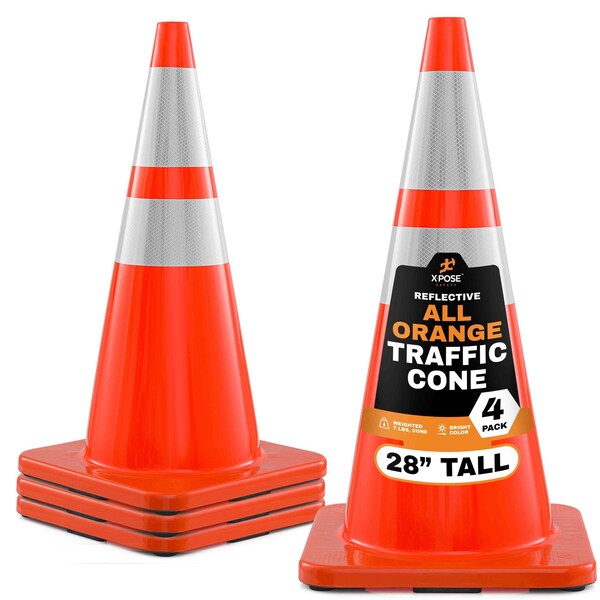 Xpose Safety 28 Inch Orange Traffic Cones with 6in and 4in Collars, DOT Approved, 4PK AOTC28-64-4-X-S - main