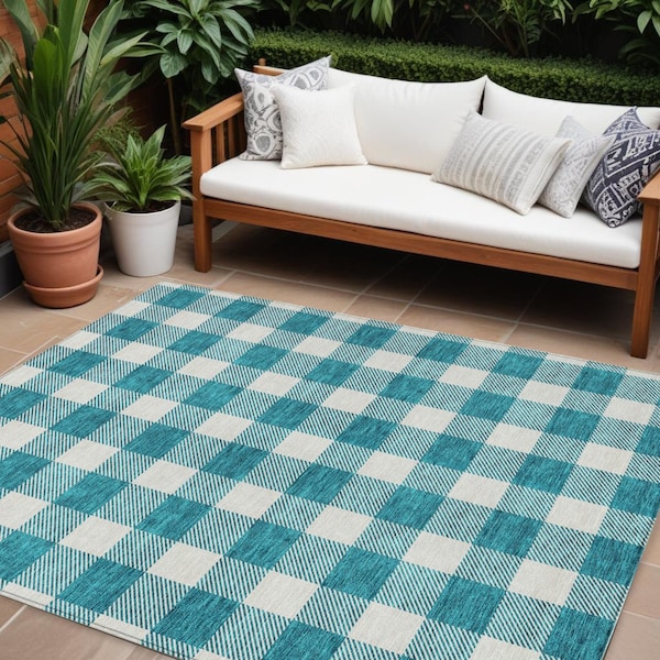 Homeroots 8' X 10' Teal Blue And Gray Plaid Washable Indoor Outdoor Area Rug 595442 - main