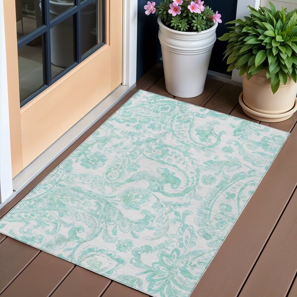 Homeroots 3' X 5' Turquoise And Ivory Paisley Washable Indoor Outdoor Area Rug 588666 - main