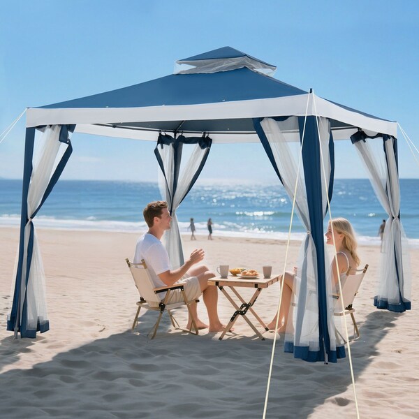 Sunjoy 10 ft x 10 ft Patio Gazebo, Modern Steel Frame Soft Top Gazebo with Netting - Navy Blue & White A101003602 - main