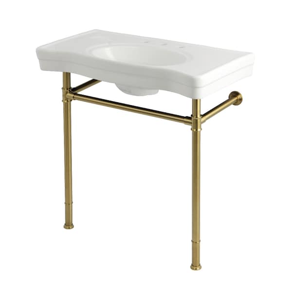 Kingston Brass 36" Ceramic Console Sink with Stainless Steel Legs, 8-Inch, 3-Hole, White/Brushed Brass KVPB36198W87 - main
