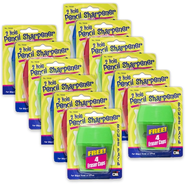 Charles Leonard Two-Hole Pencil Sharpener w/Catcher, Bonus Erasers, Assorted Colors, 12PK 76548-ST - main