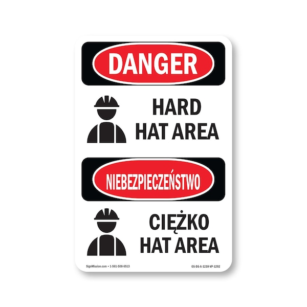 Signmission OSHA Danger Sign, Hard Hat Area Bilingual, 18in X 12in Aluminum, OS-DS-A-1218-VP-1292 OS-DS-A-1218-VP-1292 - main