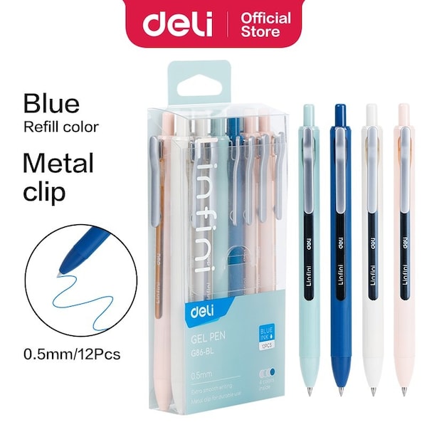 Deli LINFNI Retractable Gel Pen 0.5mm, Blue Ink, Metal Clip, 12PK EG86-BL - main