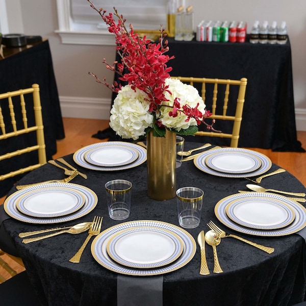 Smarty Had A Party 10.25" White with Blue and Gold Chord Rim Plastic Dinner Plates (120 Plates), 120PK 620-CASE - main