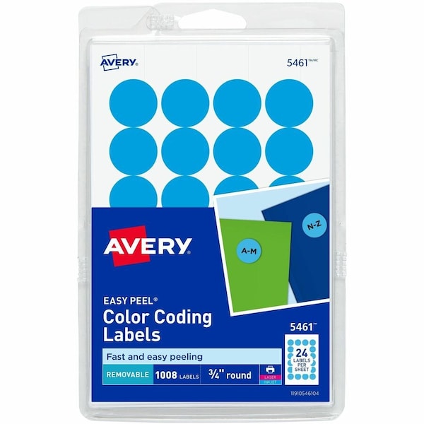 Avery Print or Write Removable Color-Coding Labels, 3/4" Dia, Light Blue, 1008/Pack 5461 - main