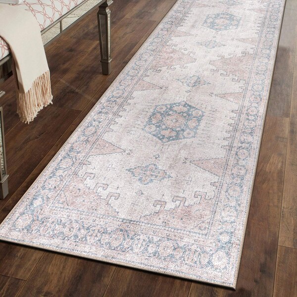 World Rug Gallery Vintage Bohemian Machine Washable Non Slip Runner Rug 2 ft 6 in x 6 ft Beige 6024BEIGE26X6 - main