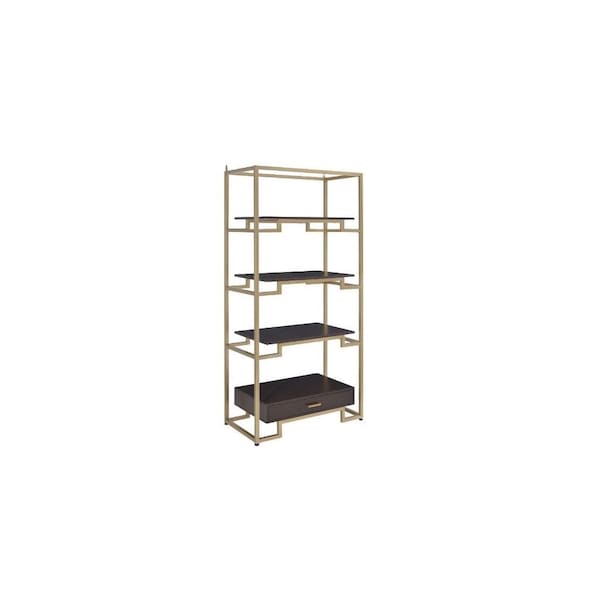 Homeroots 78" Gold and Black Metal Four Tier Etagere Bookcase with a Drawer 486306 - main