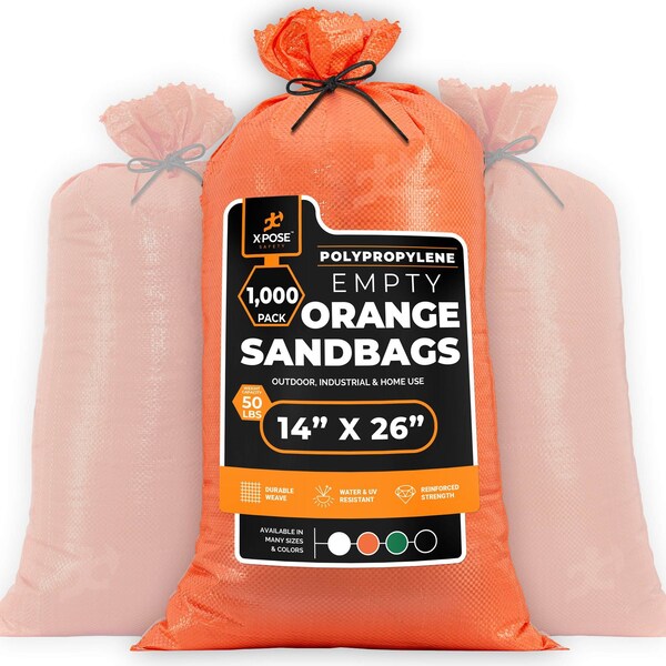 Xpose Safety Woven Poly Sand Bags for Flooding 14 x 26, 50 lb WL, Empty, Orange, Pack of 1000, 1000PK SBO-1426-1000-X - main