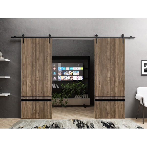 Sartodoors Sliding Double Barn Doors with Hardware, Planum 0012 Walnut and Aluminum Strips, 13FT Rail Hangers PLANUM0012DB-WLN-36 - main