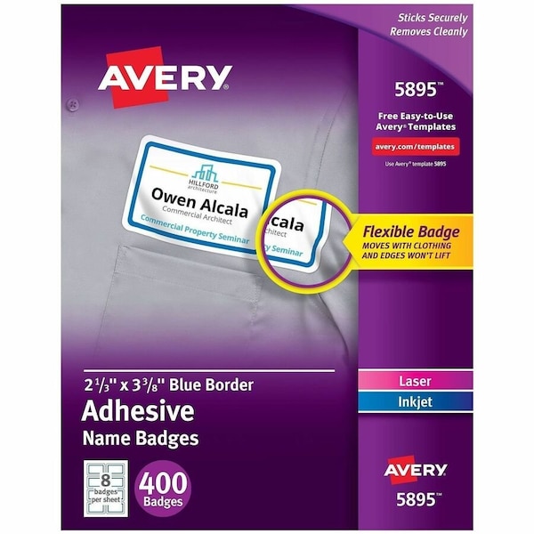 Avery Adhesive Name Badge Labels, 2-1/3" x 3-3/8", Blue Border, 400/Box 5895 - main