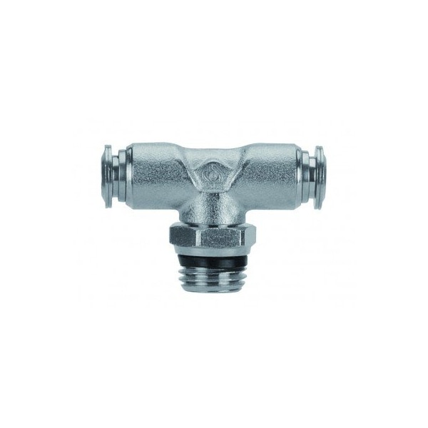 Usa Industrials Push to Connect Tube Fitting, Nickel Plated Brass w/ Metal Release Ring, Male Branch Tee ZUSA-TF-PTC-NPBR-541 - main
