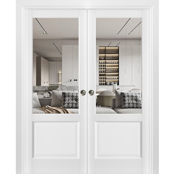 Sartodoors Sliding French Double Pocket Doors, Lucia 1533 White Silk with Clear Glass, Kit Trims Rail Hardwar LUCIA1533DP-WS-64 - main