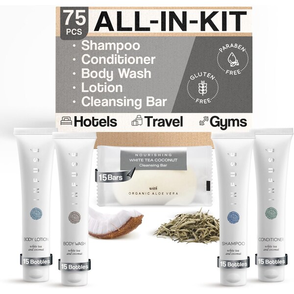 1Shopee Infuse Pure White Tea and Coconut All-In-Kit Hotel Soaps and Toiletries Bulk Set BPCHOTELSETAL09INF15T - main