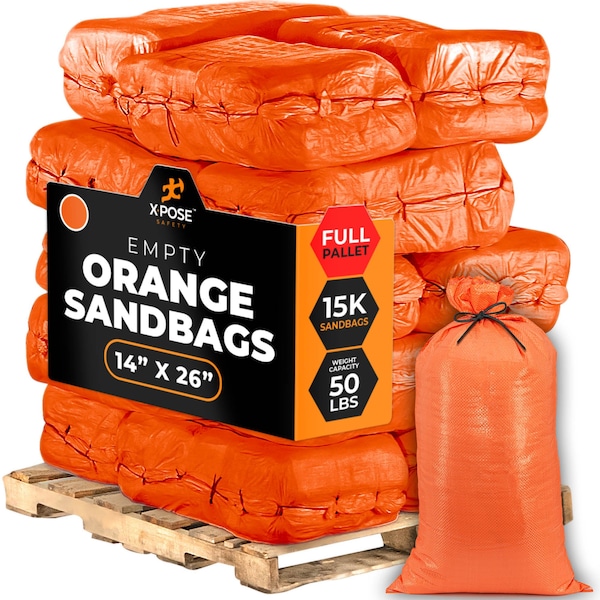 Xpose Safety Woven Polypropylene Sand Bags for Gravel - 14in x 26in 50 lb Limit, Orange, Pallet of 15,000 SBO-1426-FP15000-X - main