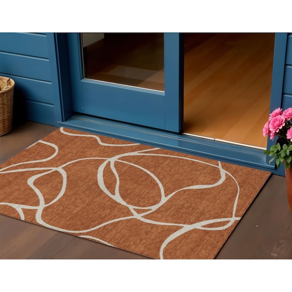 Homeroots 3' X 5' Copper And Ivory Abstract Washable Indoor Outdoor Area Rug 597505 - main
