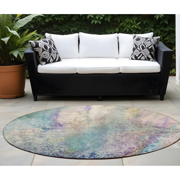 Homeroots 8' Round Beige Blue and Gray Round Abstract Washable Non Skid Indoor Outdoor Area Rug 559564 - main