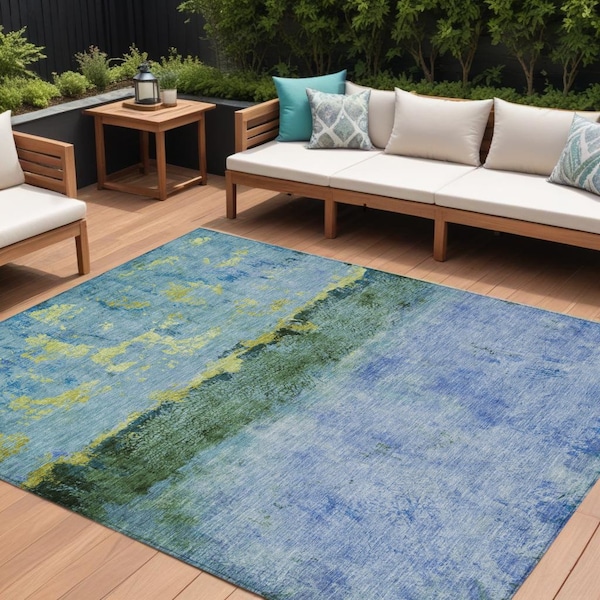 Homeroots 9' X 12' Blue And Lime Green Abstract Washable Indoor Outdoor Area Rug 618605 - main