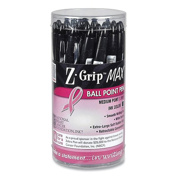 Zebra Pen Z-Grip MAX Breast Cancer Awareness Ballpoint Pen, Retractable, Bold 1.2 mm, Black Ink, 24PK 32577 - main